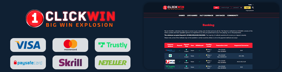 1ClickWin Casino banking