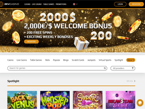 Zev Casino website screenshot